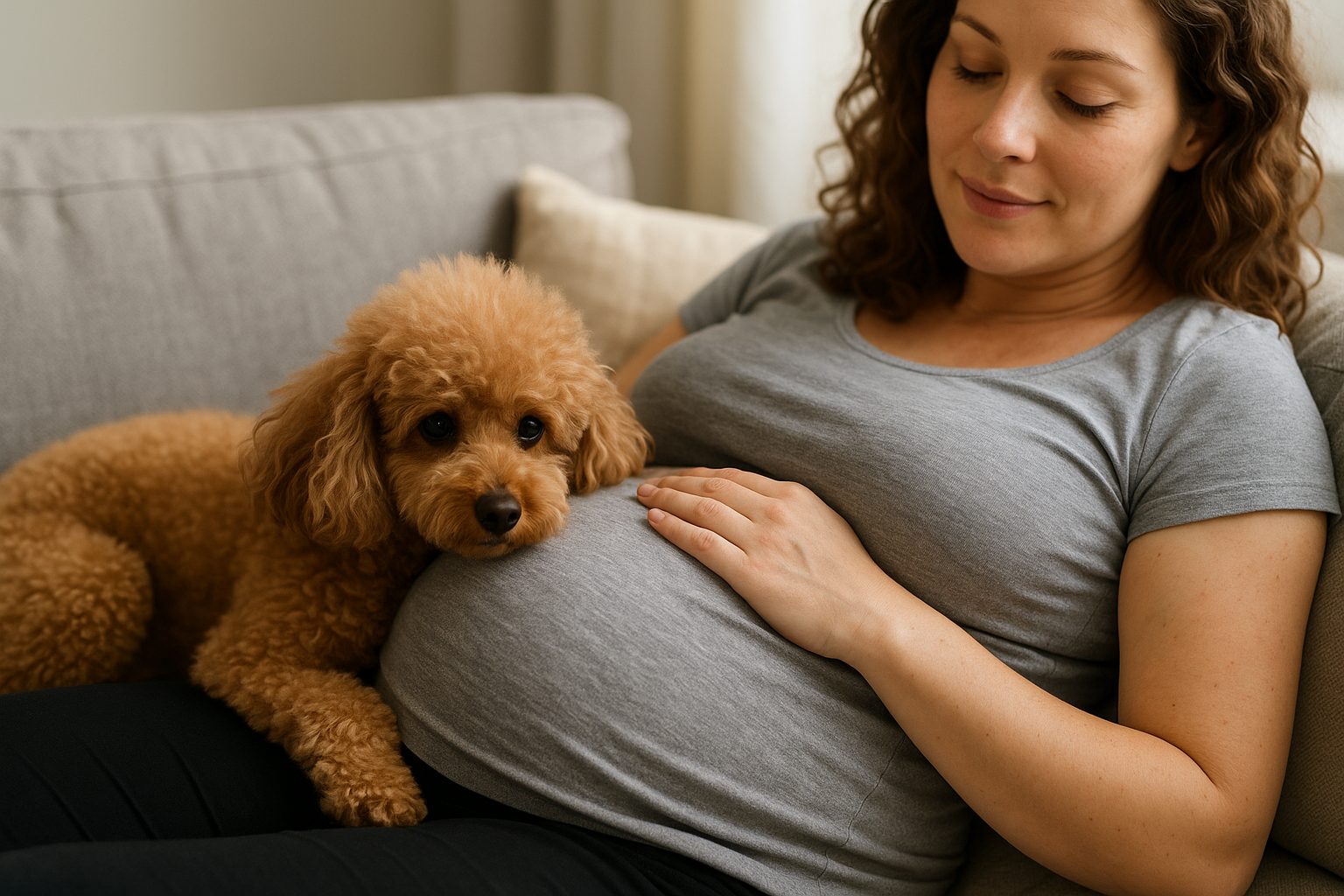 Cao deitada na barriga grávida