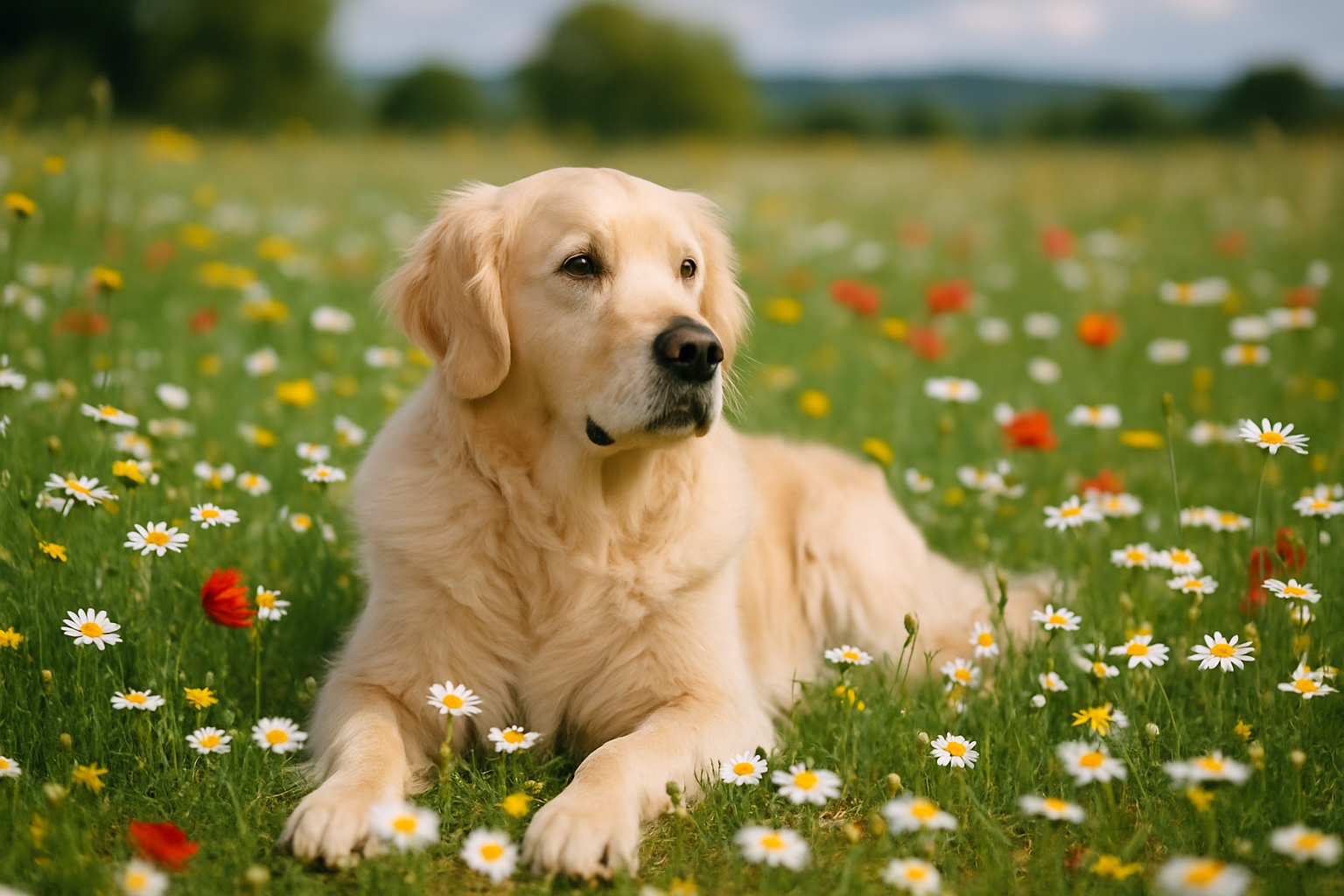 Um cão num campo florido