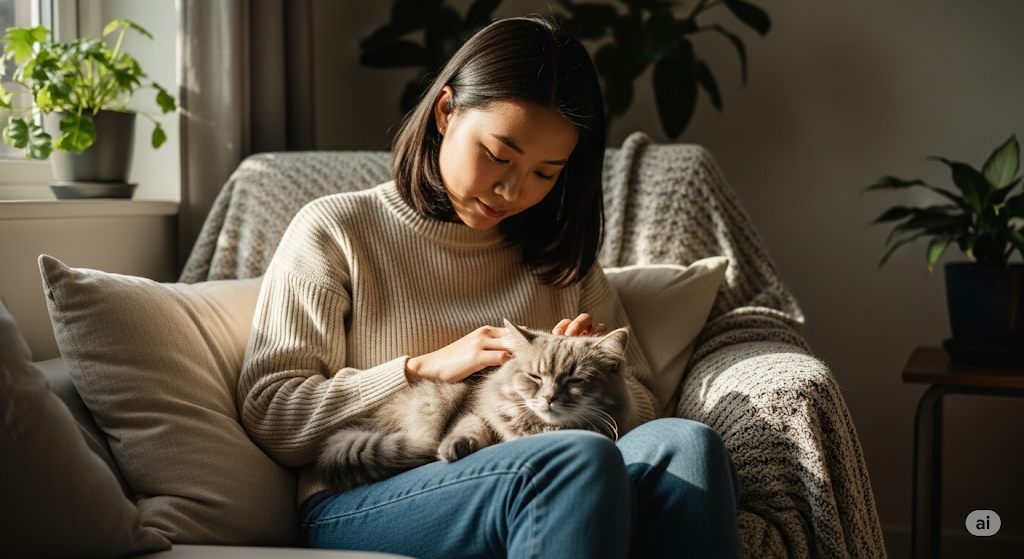 Gatinho no colo da tutora