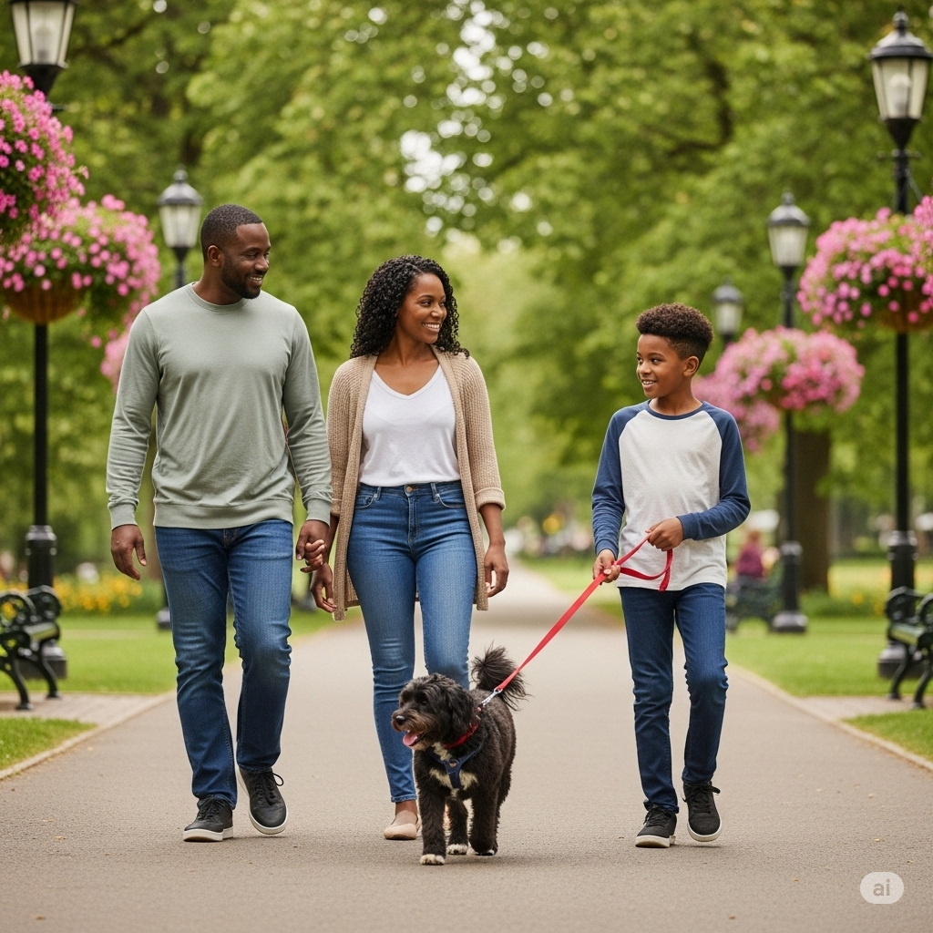 Caminhando em família no parque com o pet