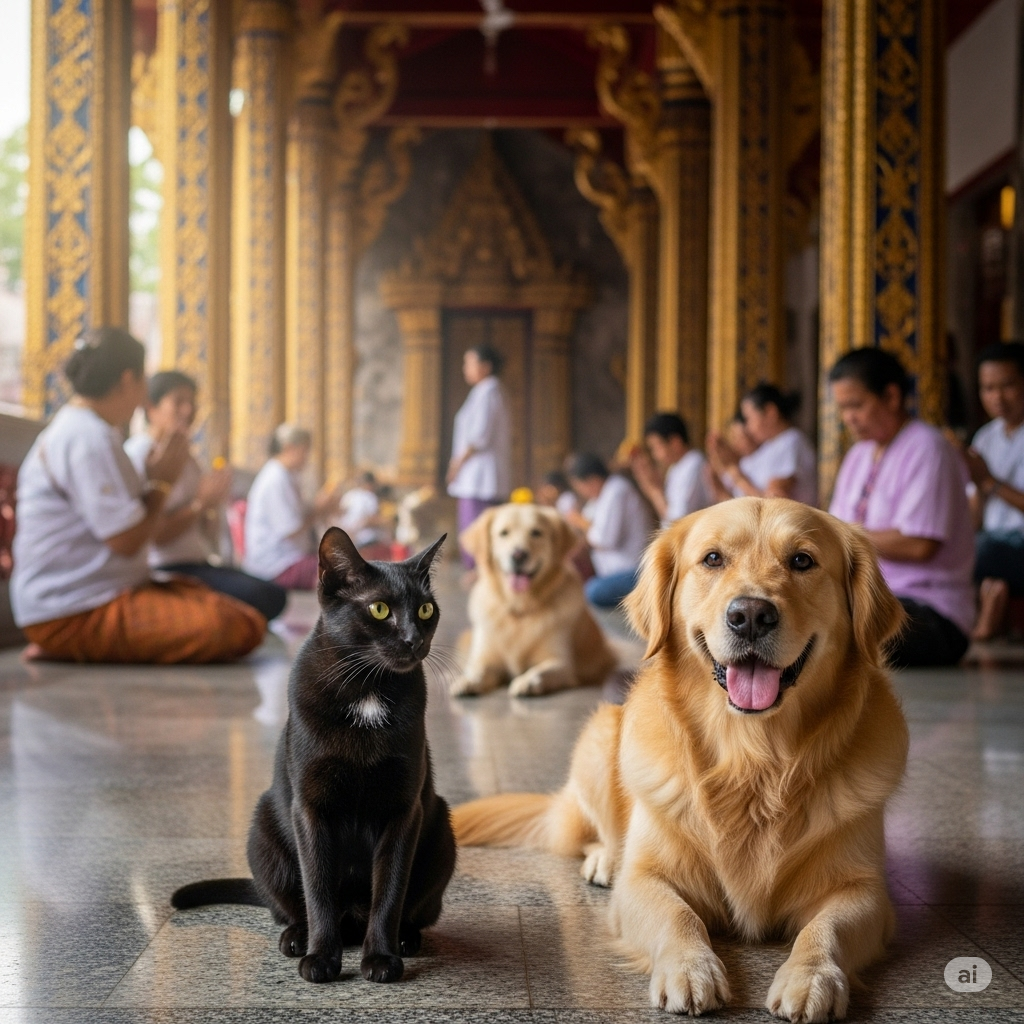 Cães e gato num templo