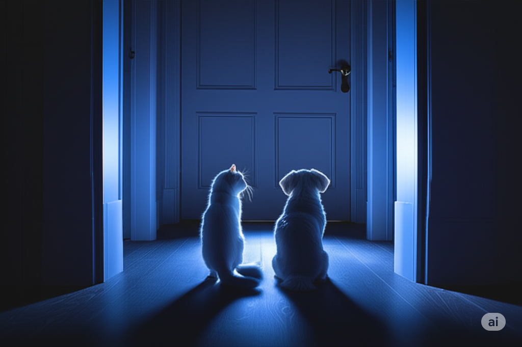 cão e gato olhando na mesma direção da porta