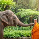 Monges budistas e elefante