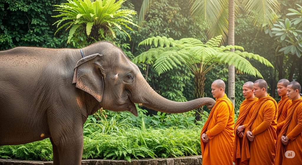 Monges budistas e elefante