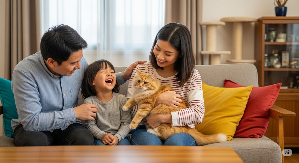 Família reunida e seu gatinho