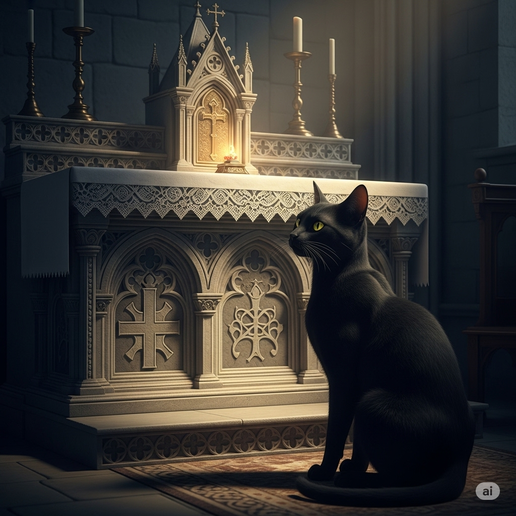 Gato atento no altar