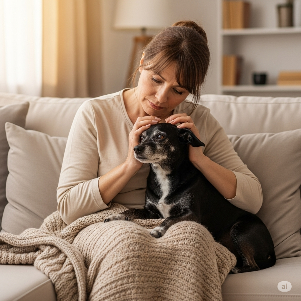 Cão idoso e sua tutora