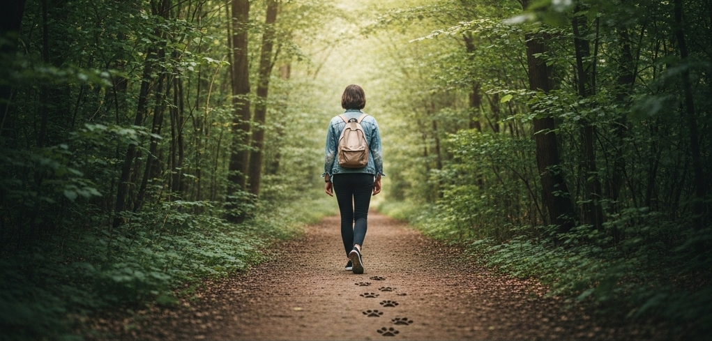 caminahndo e com pegadas de cão