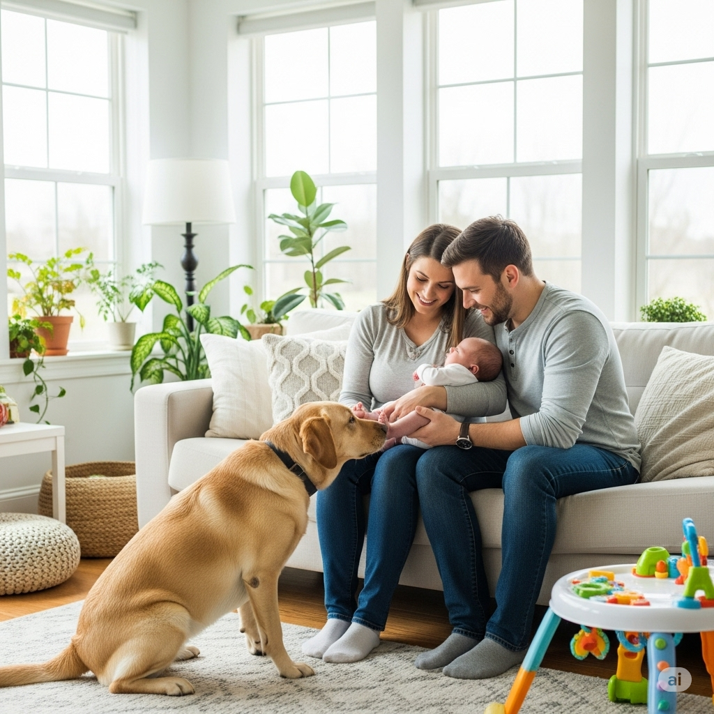 familia com bebê e cão