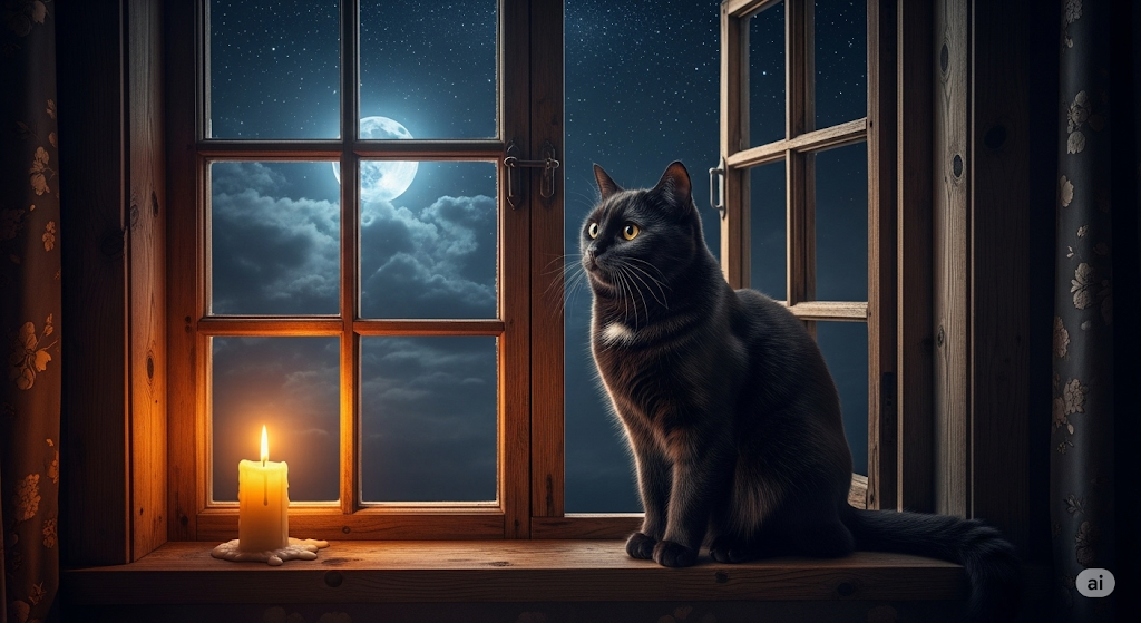 gato preto e a lua ao fundo
