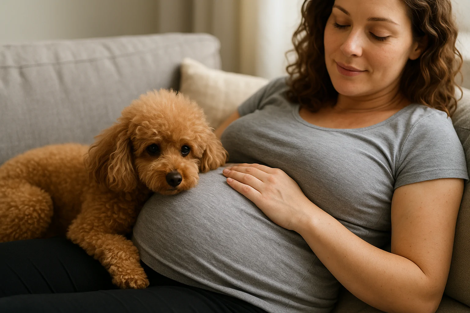 Cao deitada na barriga de uma grávida