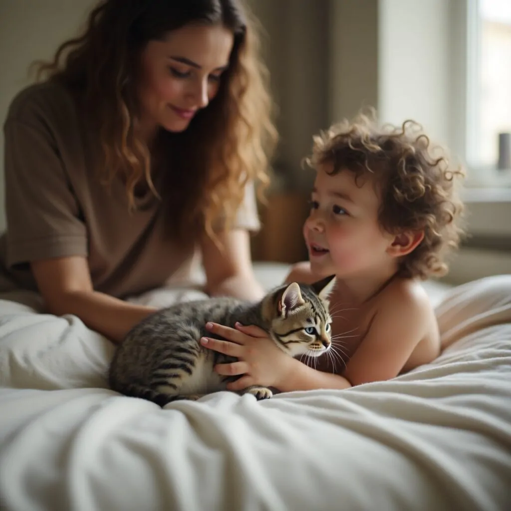 Uma fmília na cama com o gato