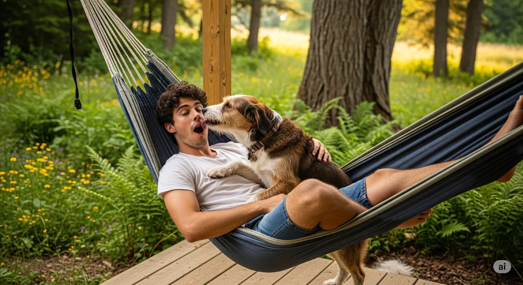 Cão acorda tutor dormindo na rede