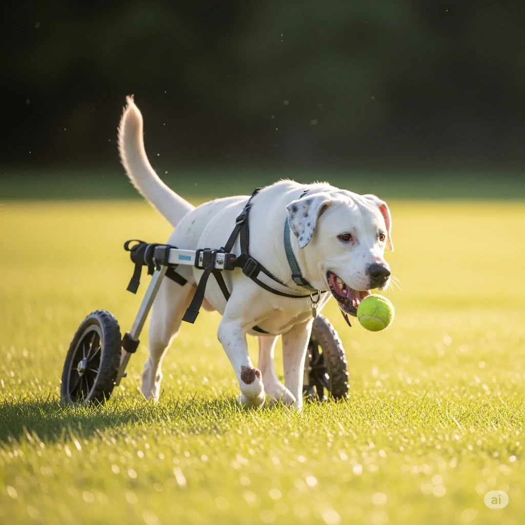 Cadela com cadeira de rodas brincando