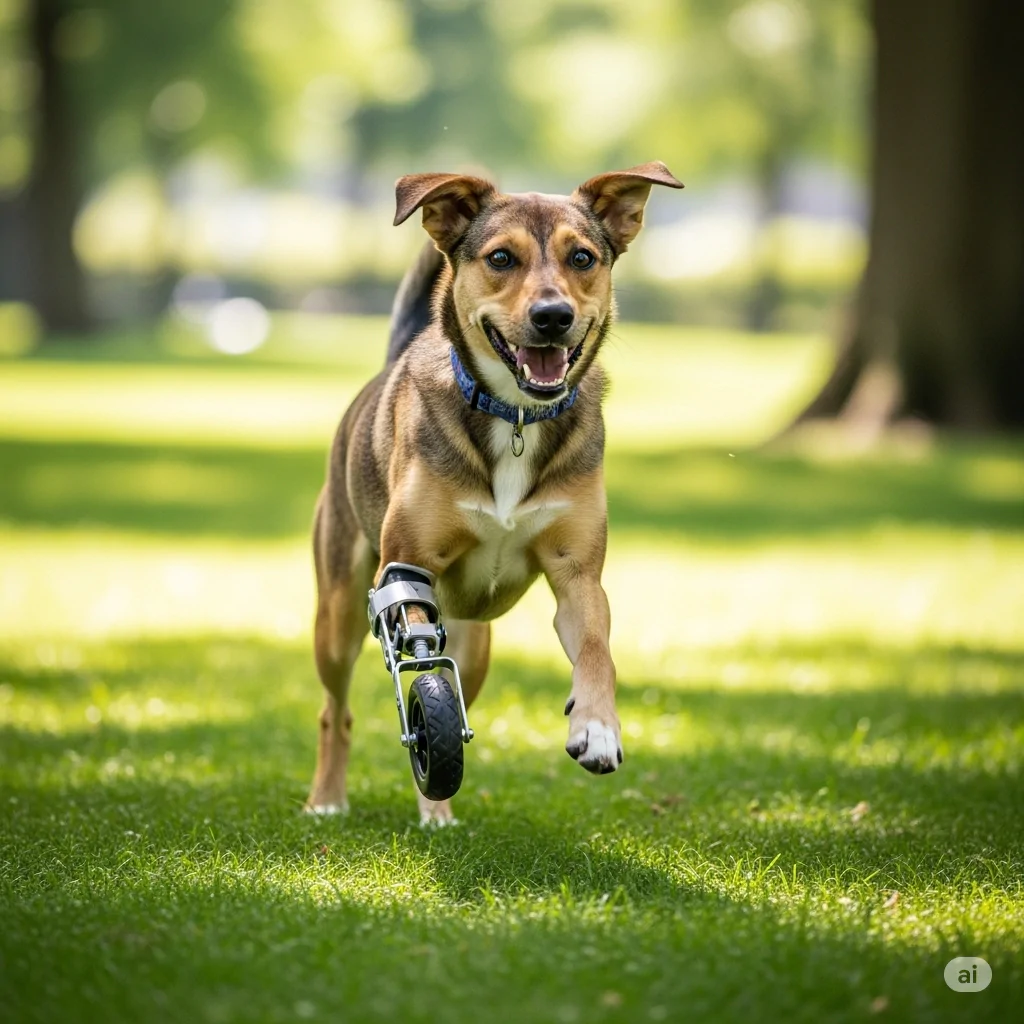 Cão usando prótese na patinha 