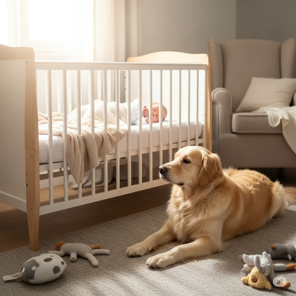 Cão cuidando do bebê