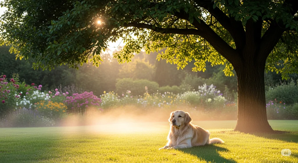 Cão deitado num belo gramado