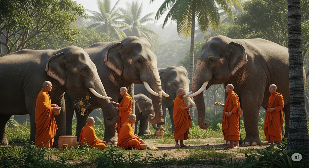 Elefantes e monges budistas