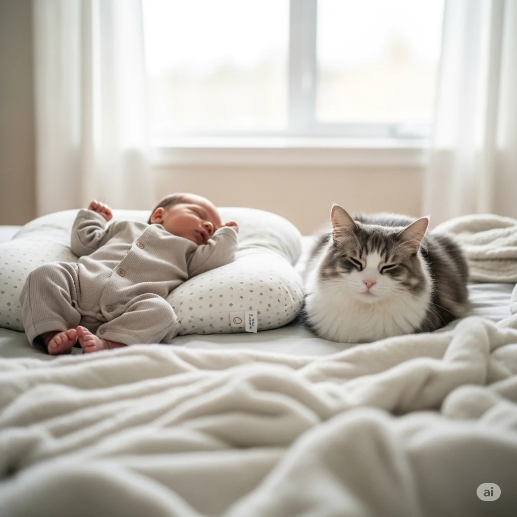 Gato ao lado do bebê