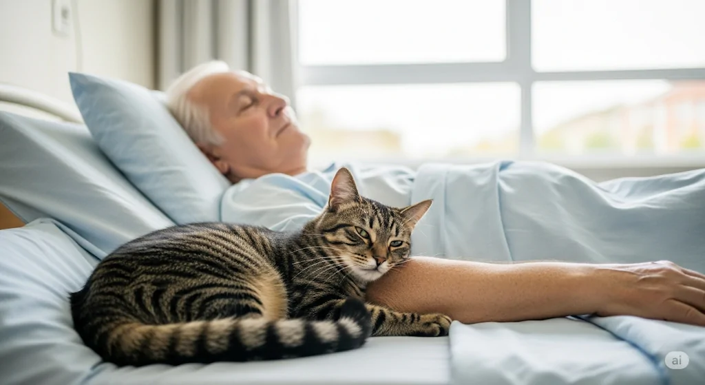 Um gato acompanhando um idoso