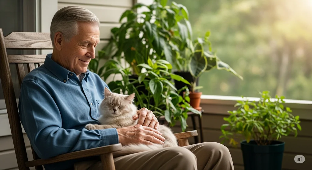 Idoso com seu gato