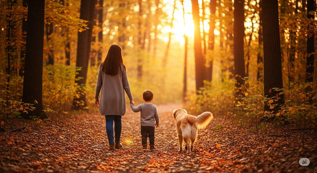 Jovem caminhando com filho e pet