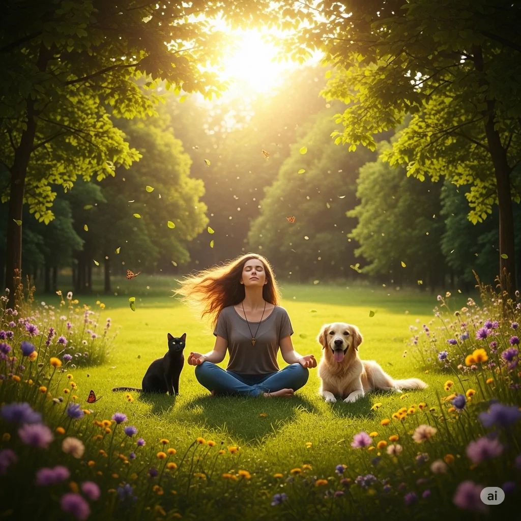 Mulher meditando e seu pet junto