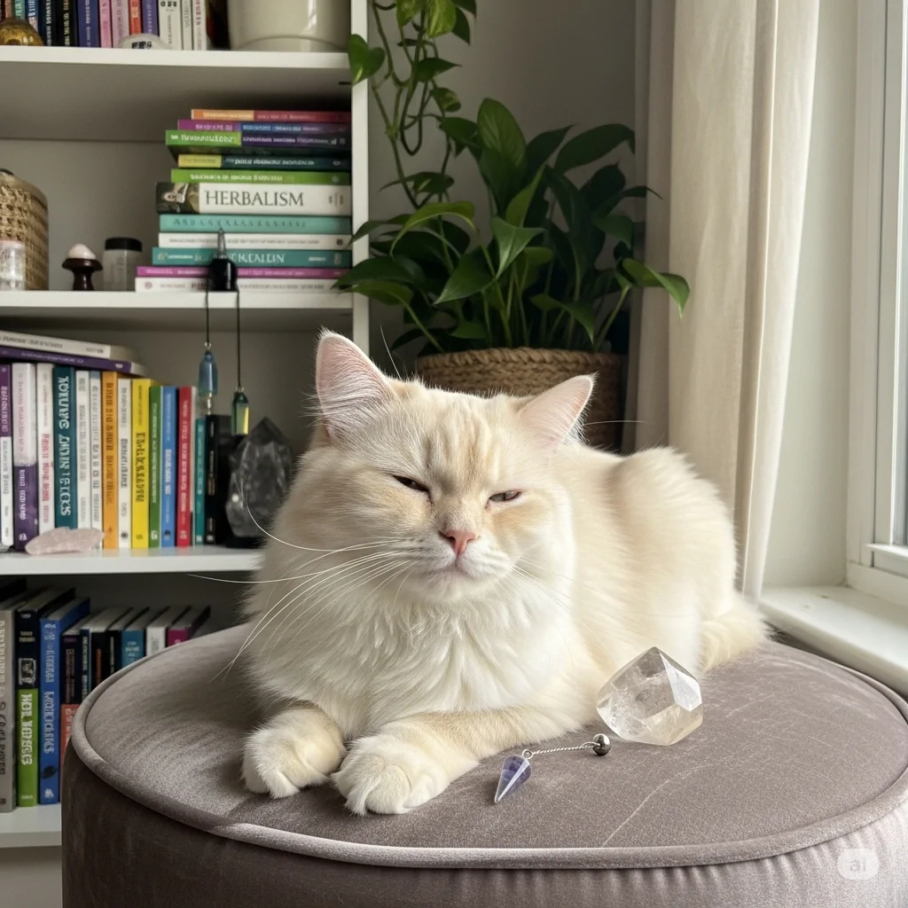 Gato ao lado do pêndulo radiestésico